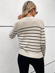 Striped Button Decor Pullover Sweater Crew Neck Long Sleeve