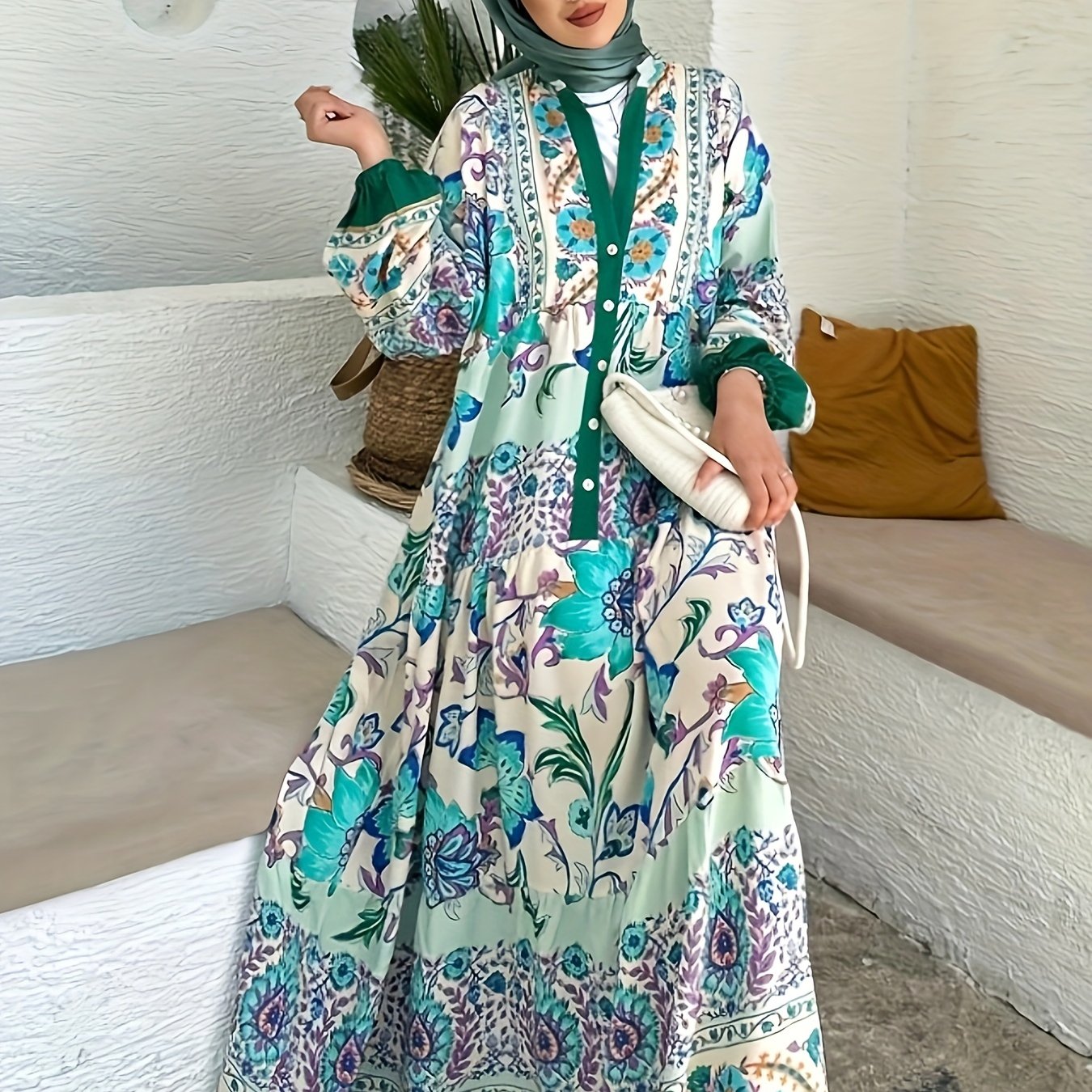  Abaya Dress Women's Plus Floral Print Lantern Sleeve Button Up