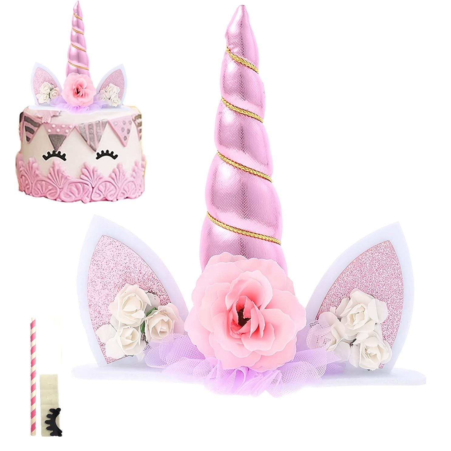 Unicorn Cake Topper Eyelashes Golden Horn for Party Baby Shower Wedding