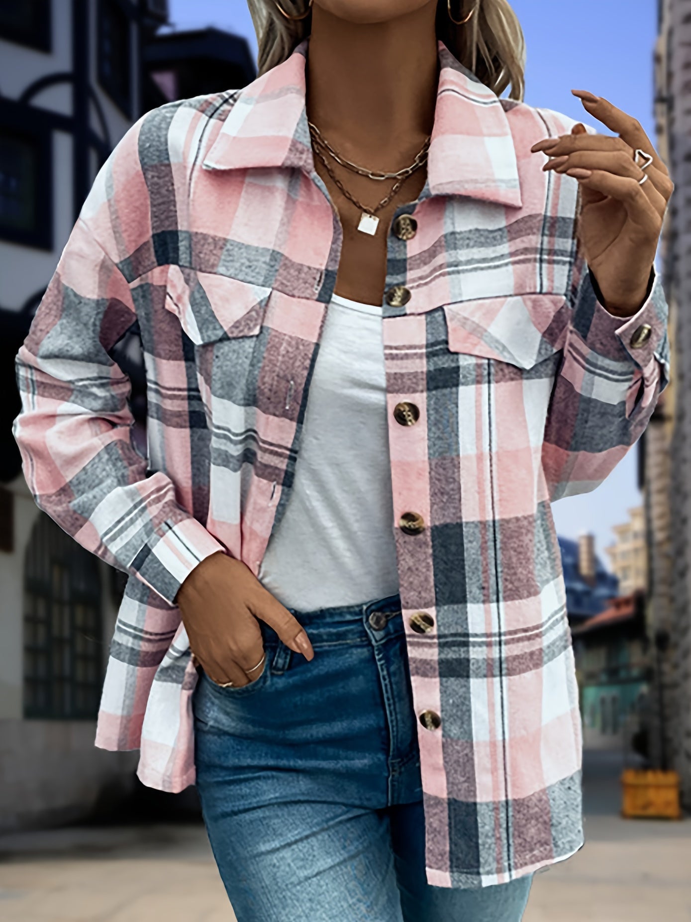  Plaid Print Long Sleeve Button Up Lapel Collar Shirt