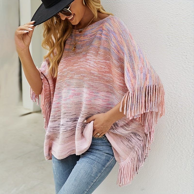 Colorful Loose Fringe Shawl Pullover Windproof Shawl Cape for Women