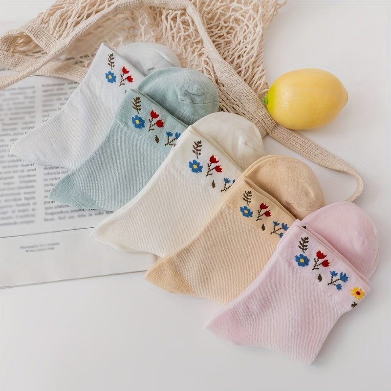 5 Pairs Floral Print Crew Socks Women's Stockings & Hosiery
