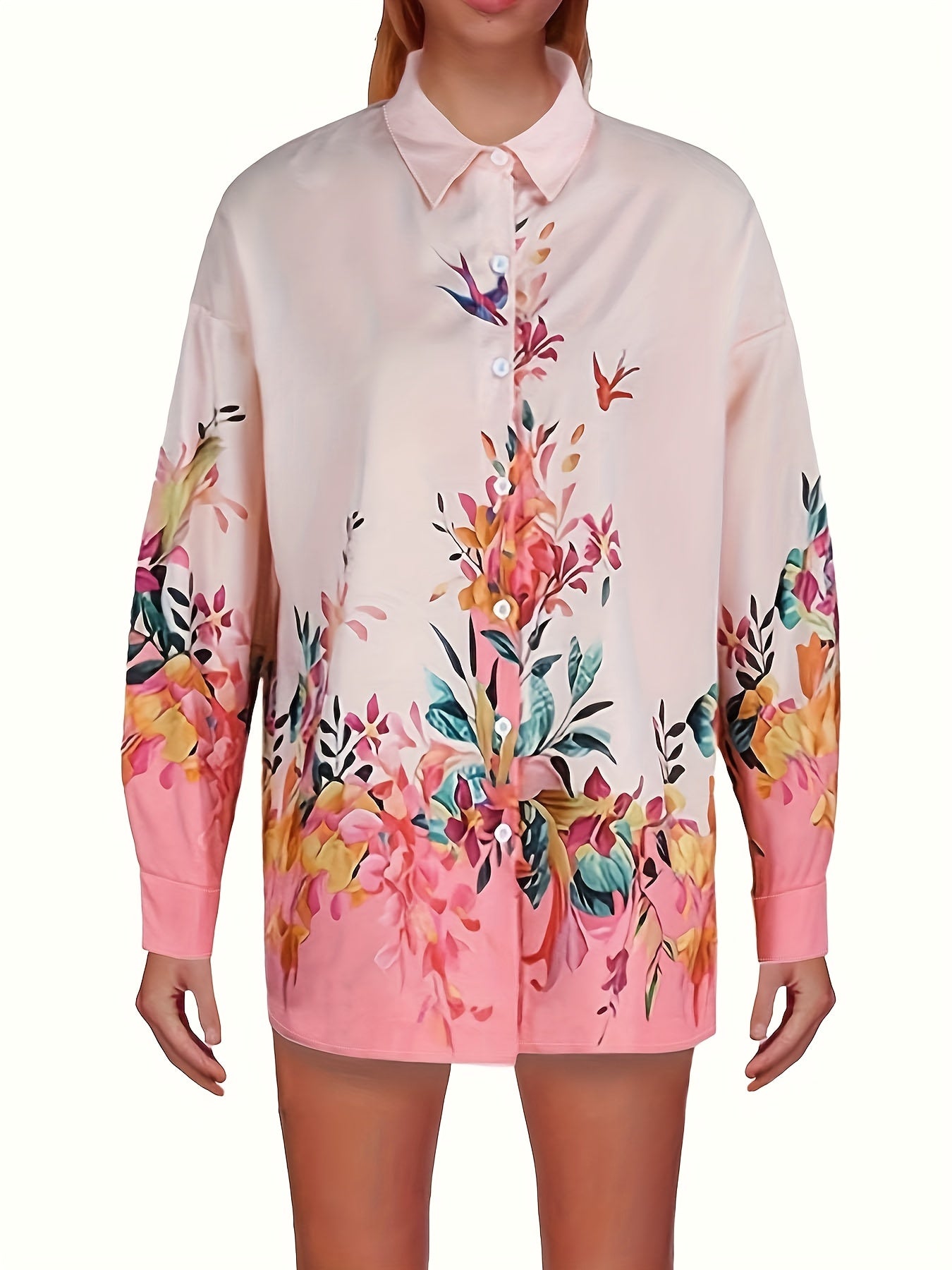  Blouse Women's Plus Bird Print Long Sleeve Button Up Tunic Top