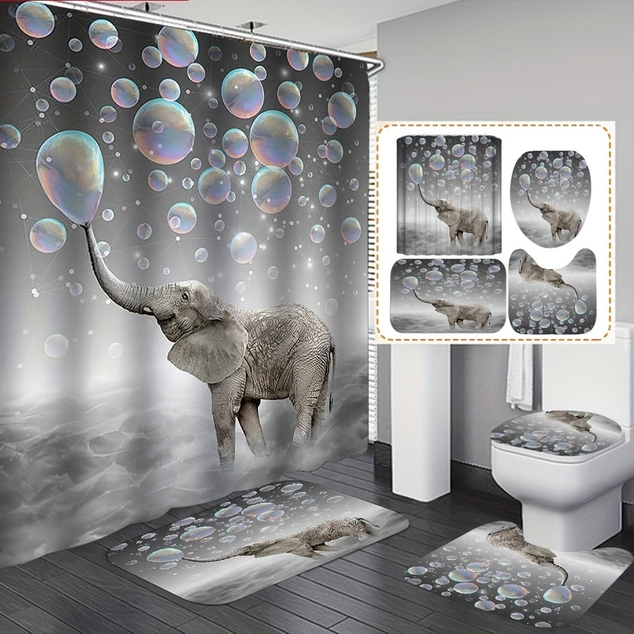 3pcs Elephant Bubble Print Shower Curtain Bathroom Mats Set