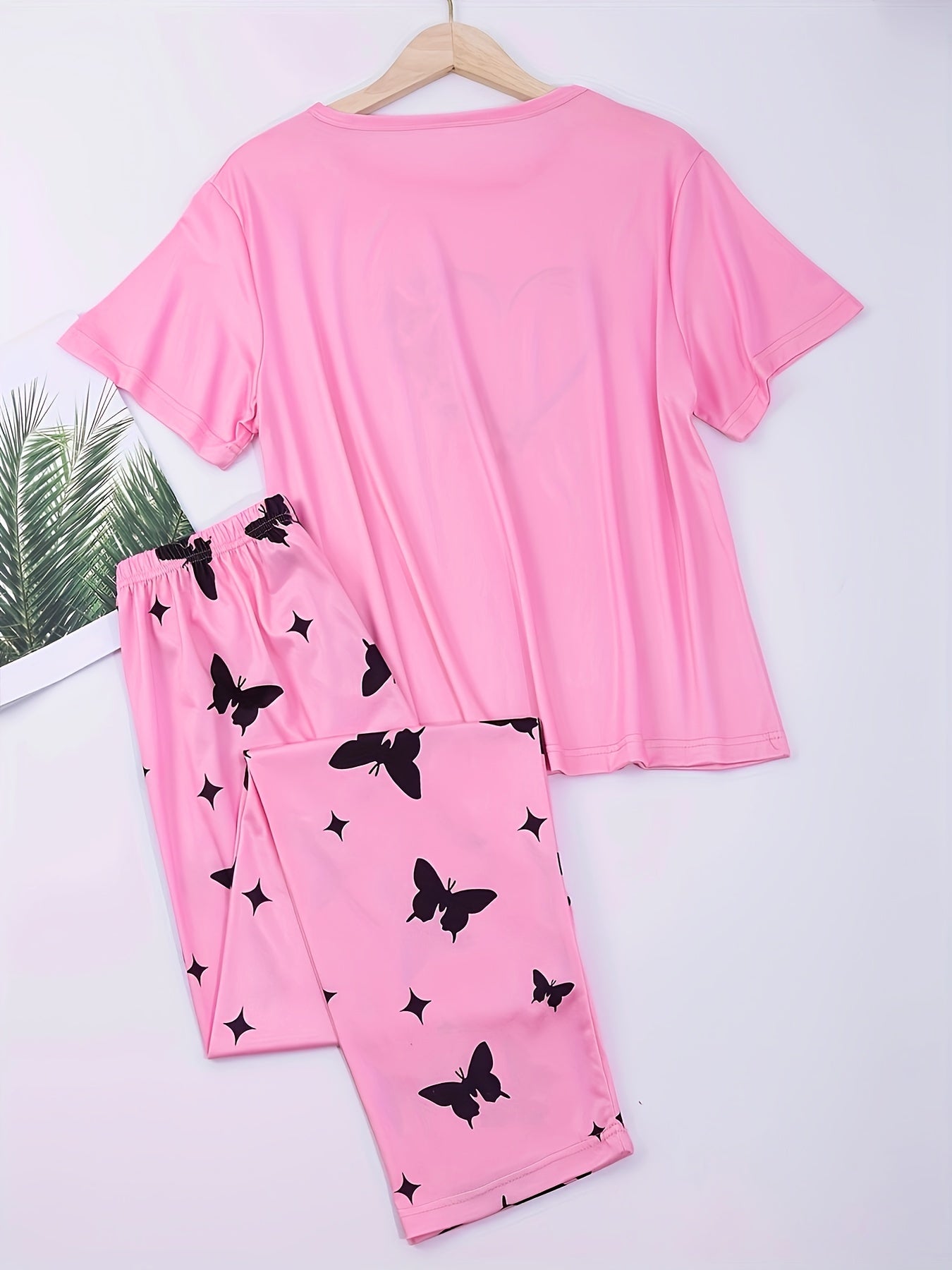 Heart Print Pajamas Set Short Sleeve Top & Pants Women's Sleepwear