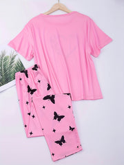 Heart Print Pajamas Set Short Sleeve Top & Pants Women's Sleepwear