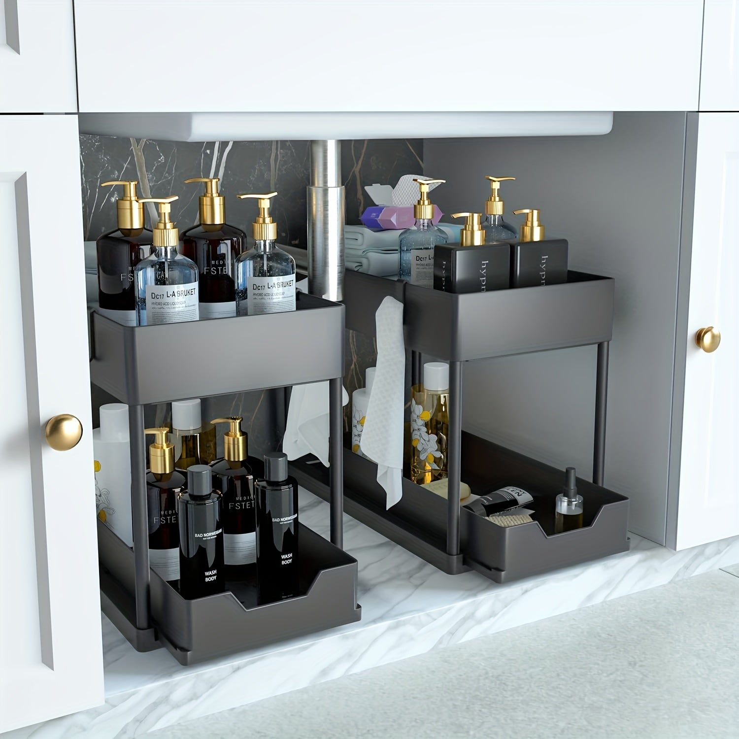 2 Tier Sliding Sink Organizer Rack Bathroom Kitchen Storage Hook