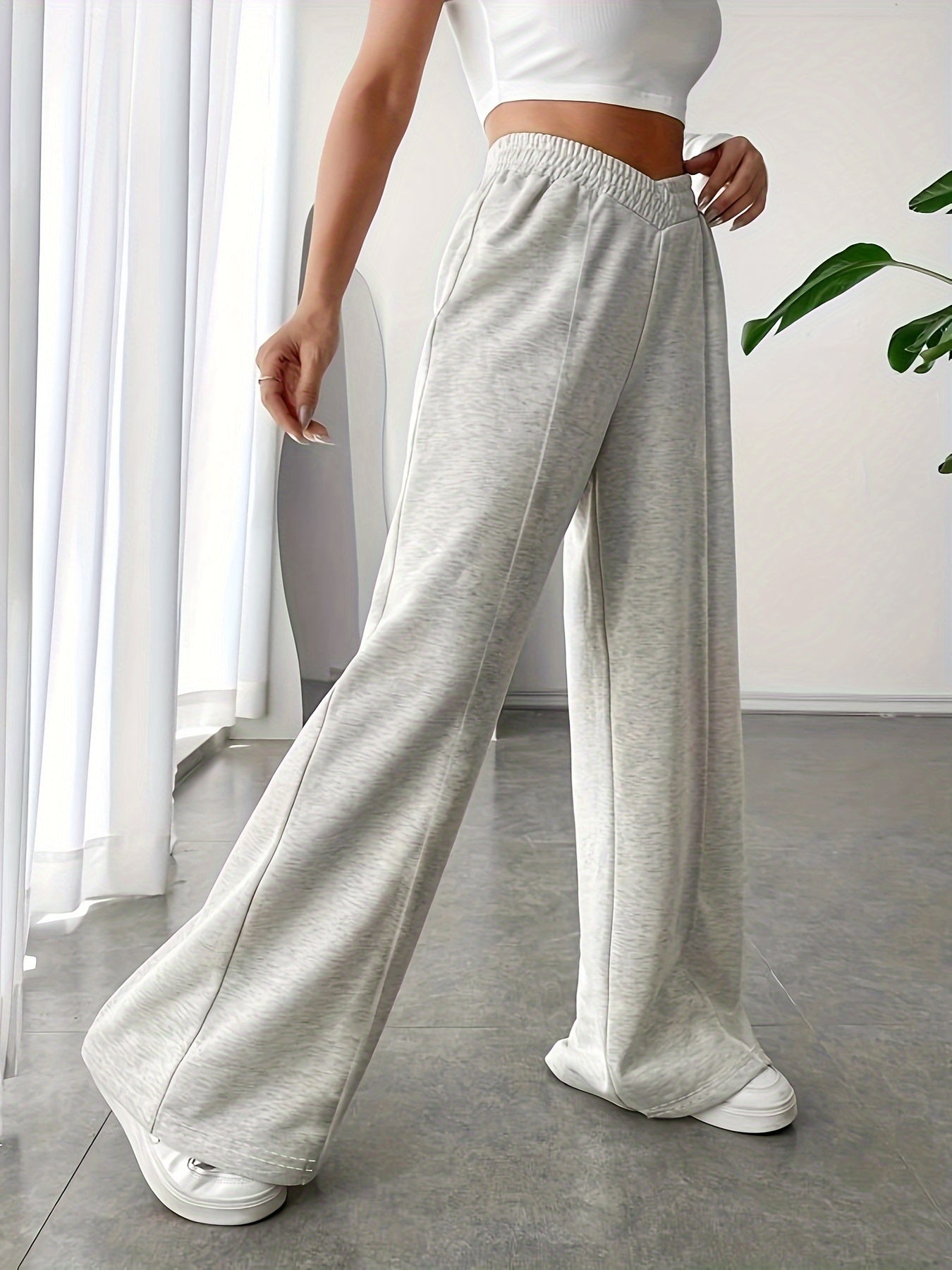  Wide Leg Trousers V waist High Rise Solid Casual Pants