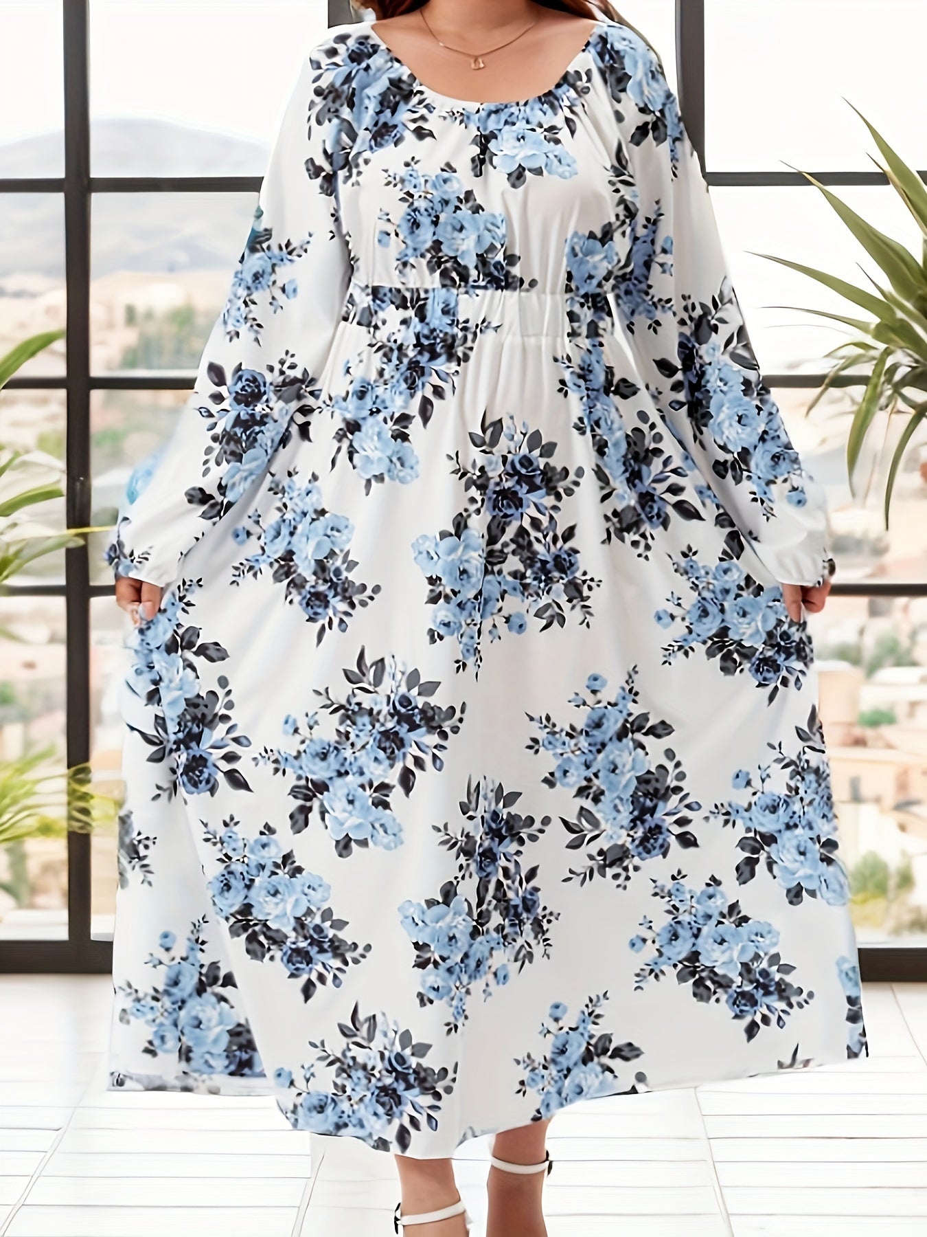 Floral Print Lantern Sleeve Maxi Dress Plus Size