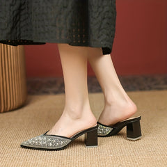 Women's Faux Pearl Block Heels Pointed Toe Pumps