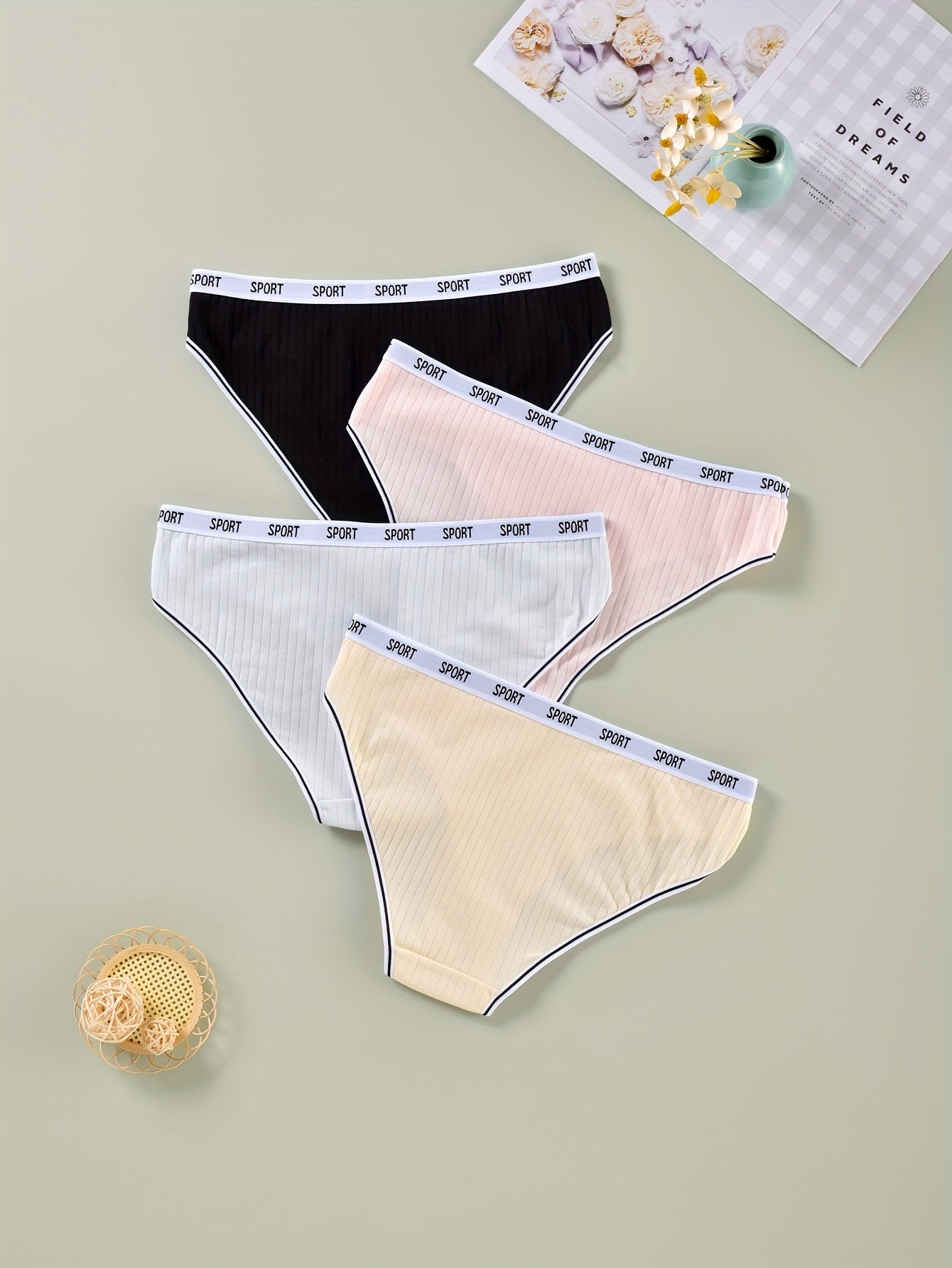 4 Pack Plus Size Casual Underwear Set Women's Plus Striped Letter Trim Underwear
