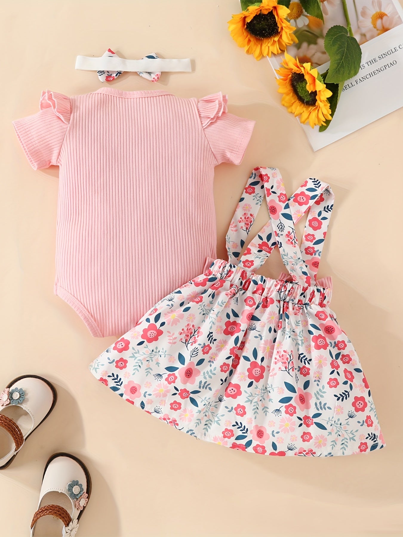 3pcs Baby Girls Onesie & Floral Suspender Skirt Set