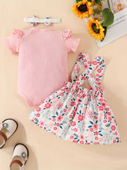 3pcs Baby Girls Onesie & Floral Suspender Skirt Set