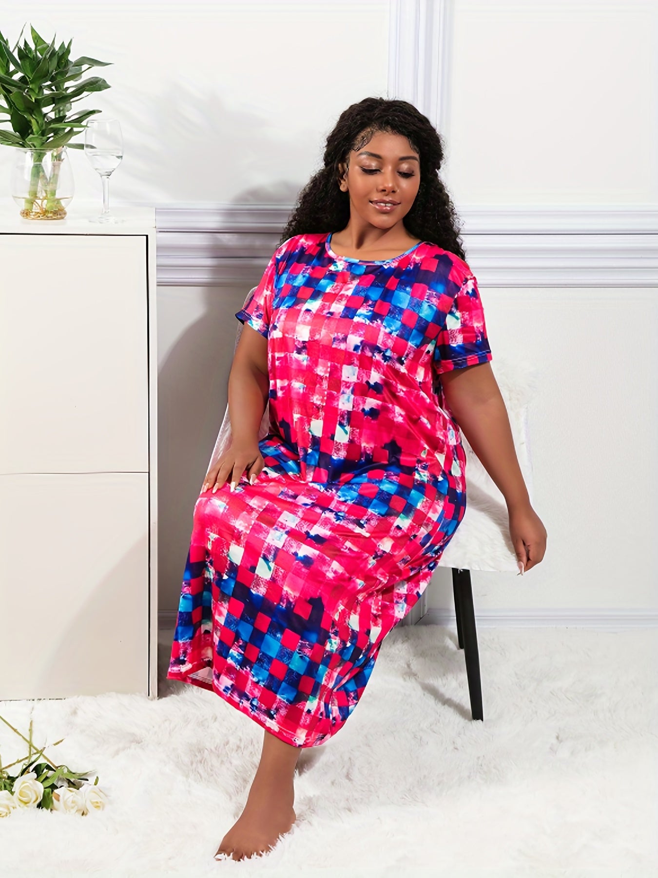  Tie Dye Gingham Print Nightdress