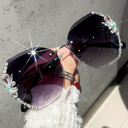 Rhinestone Rimless Sunglasses Large Gradient UV400 Sun Shades