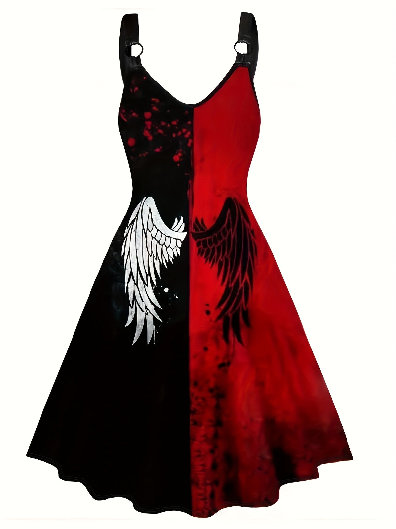  Halloween Goth Dress Colorblock Wing Print V Neck A Line Tank