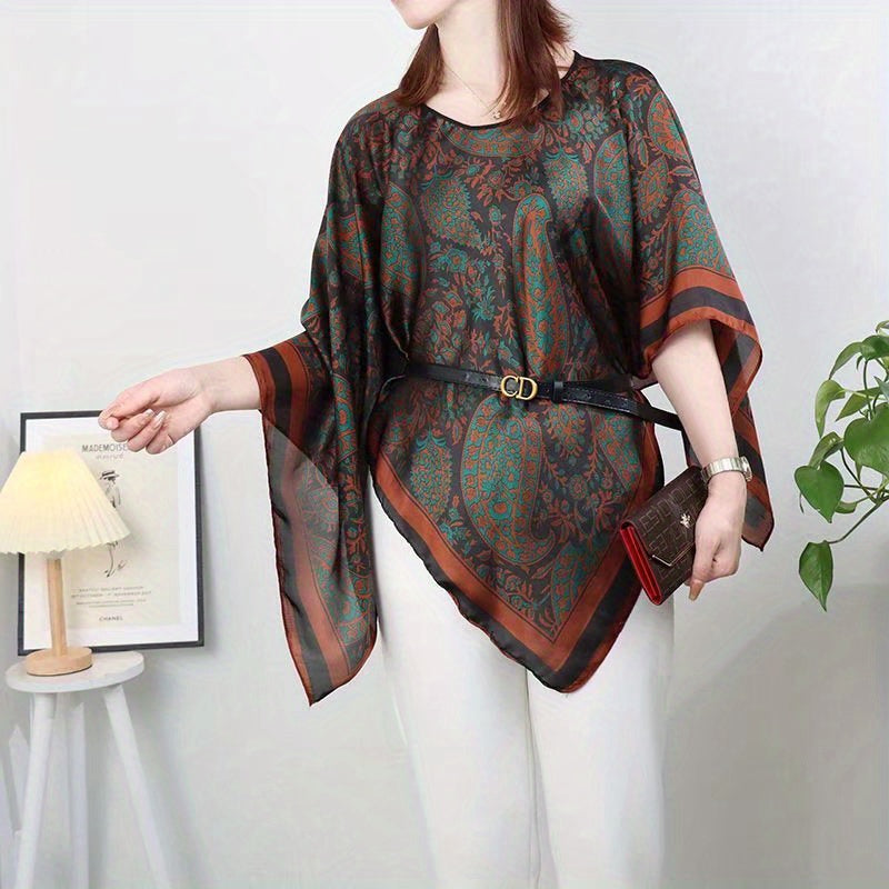 Paisley Print Shawl & Orange Silk Loose Pullover Cape