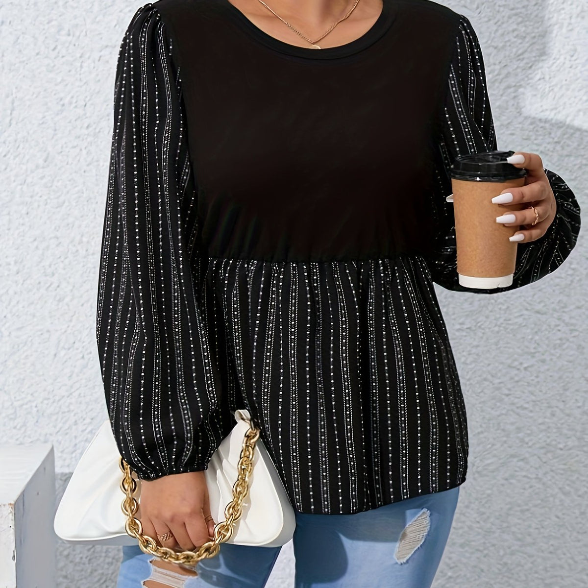  Blouse Women's Plus Colorblock Dot & Stripe Print Lantern Sleeve
