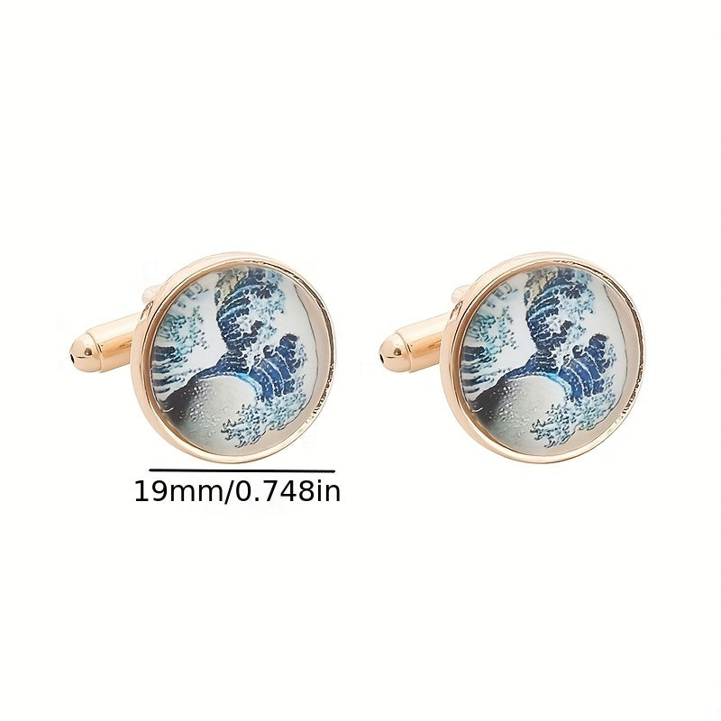 Men's French Cufflinks Tree Of Life World Map Sea Wave Striped Cufflinks