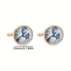 Men's French Cufflinks Tree Of Life World Map Sea Wave Striped Cufflinks