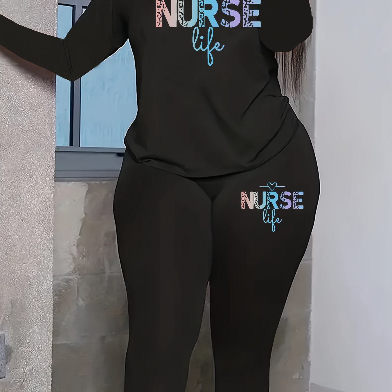 Women's Plus Ombre Letter Graphic Tee & Leggings Outfit Set