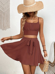 Solid Two Piece Skirt Set Crop Top & Tie Front Skirt Women's Outfit