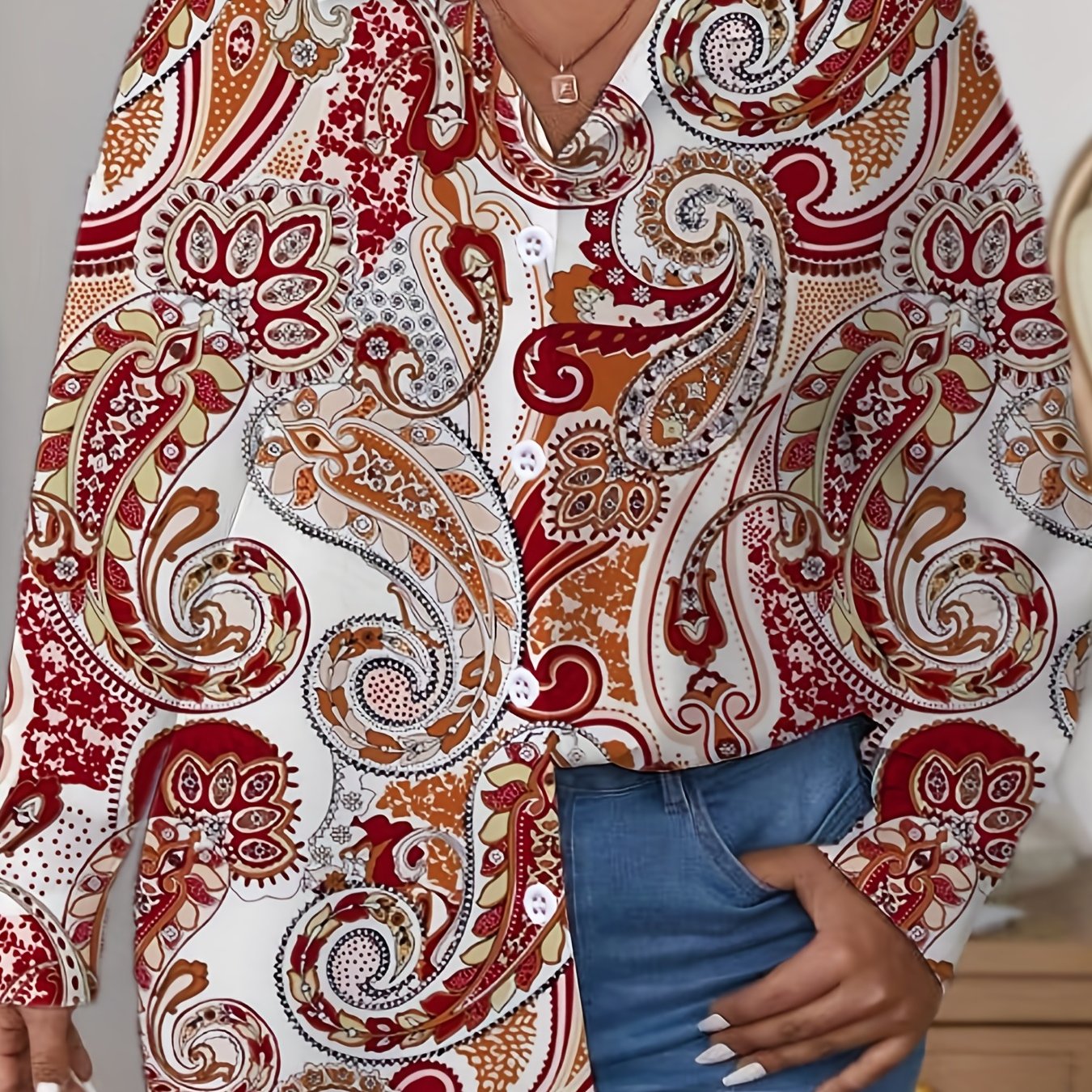  Paisley Print Button Up Long Sleeve Blouse