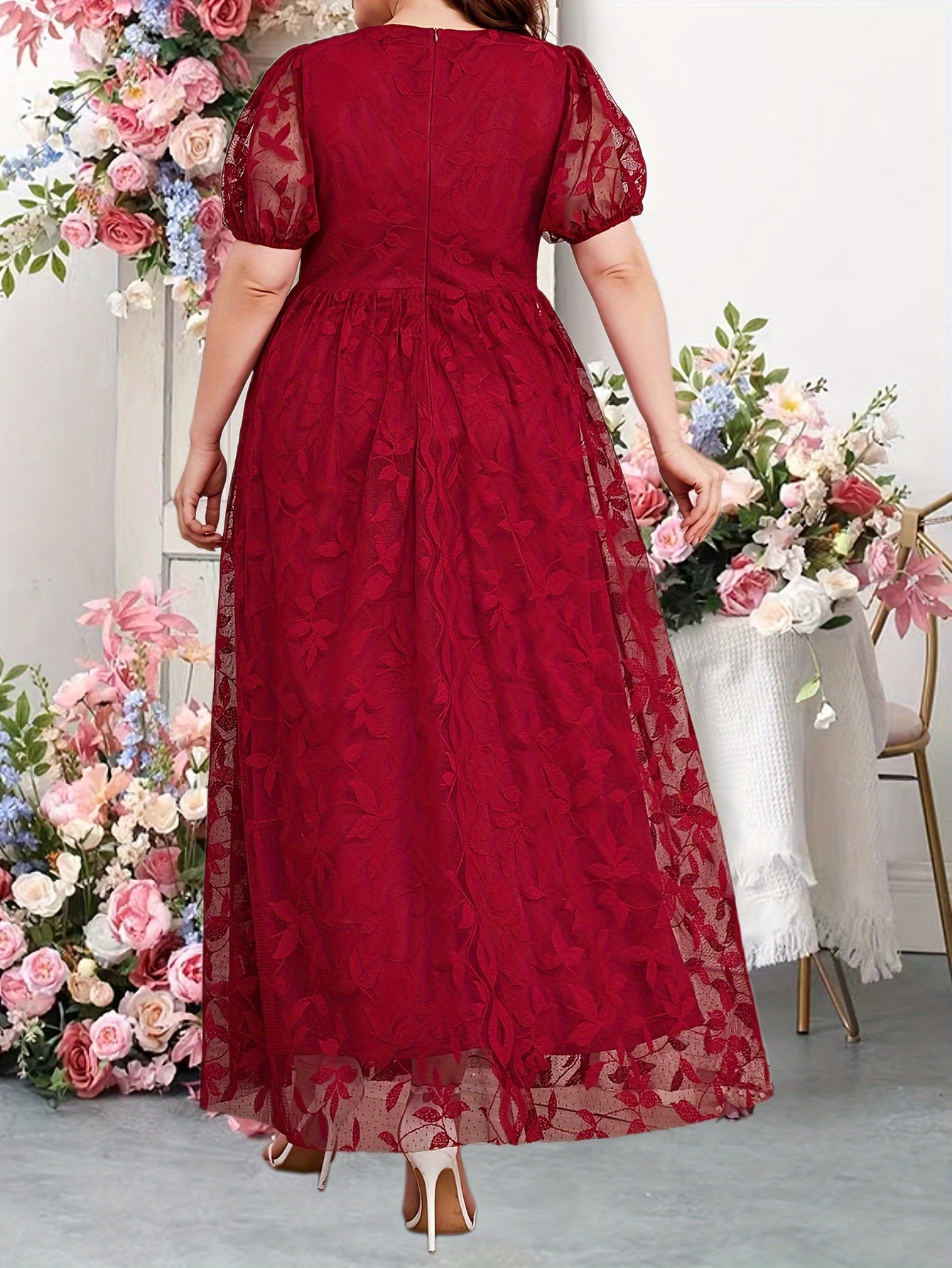 Leaf Lace Puff Sleeve Plus Size Bridesmaid Maxi Dress
