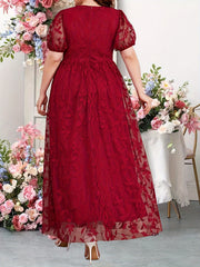 Leaf Lace Puff Sleeve Plus Size Bridesmaid Maxi Dress