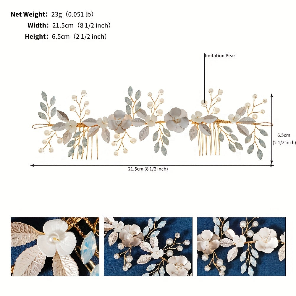 Bridal Flower Headband Hair Comb Faux Pearl Wedding Jewelry