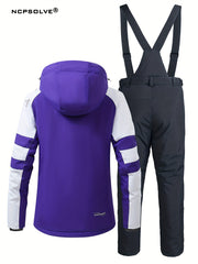 Snowflake & Letter Print Ski Set Hooded Jacket & Suspender Trouser