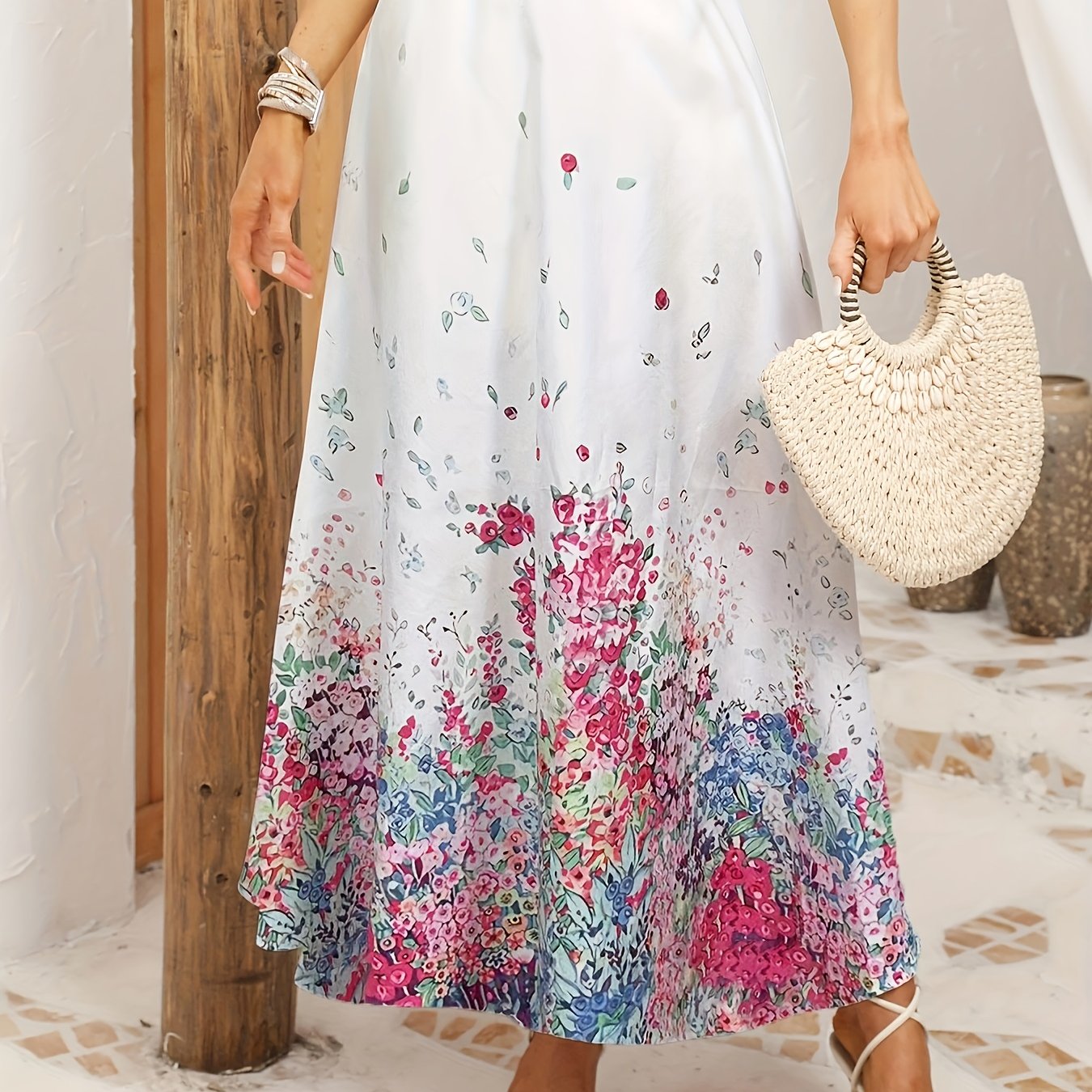 Women's Plus Floral Print Elastic High Rise A line Maxi Skirt