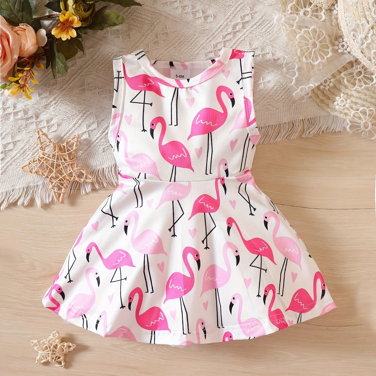 Flamingo Print Baby Girl Sleeveless Casual Dress