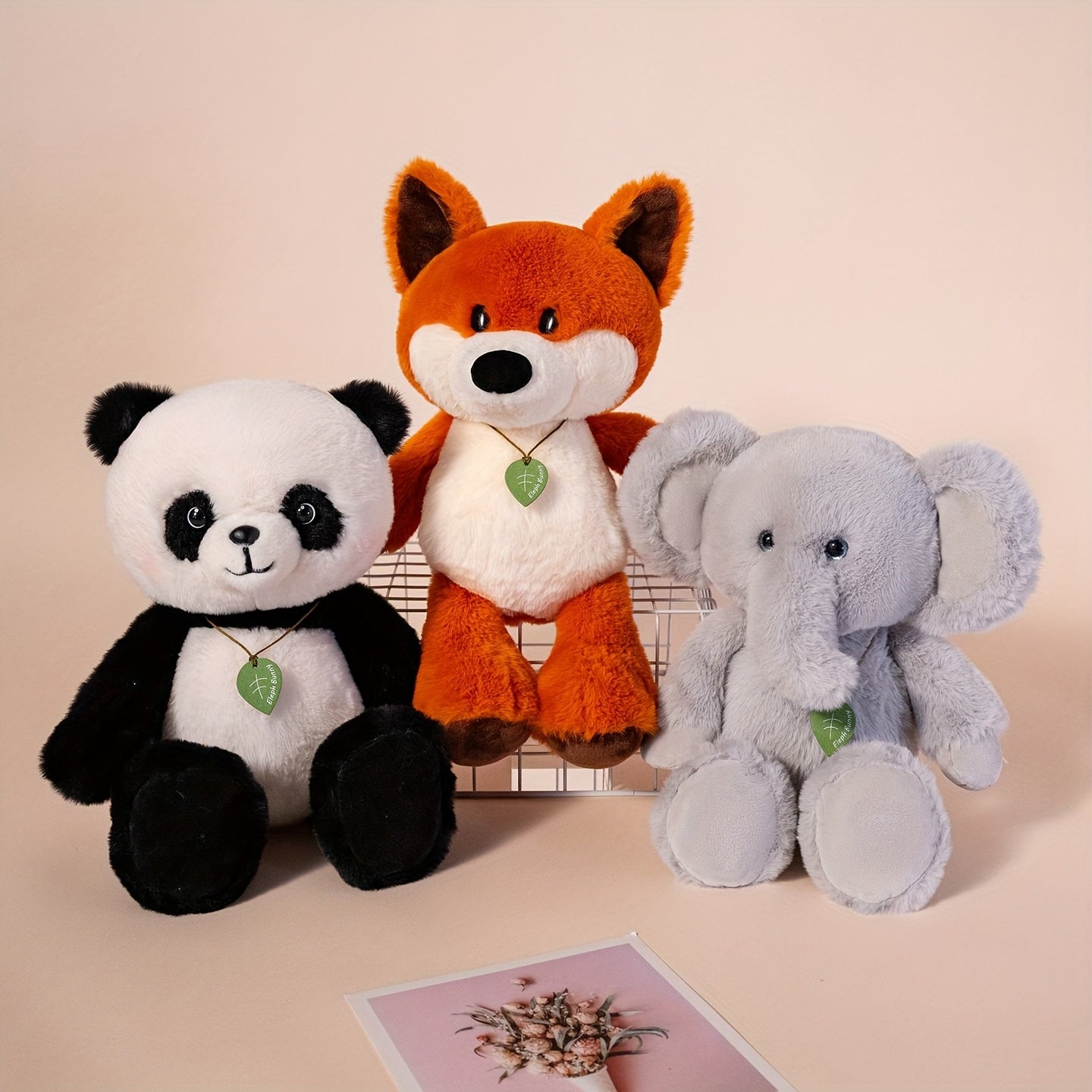 Plush Toy Set Panda Fox & Elephant Stuffed Animals Green Hearts Soft Polyester
