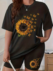  Sunflower & Butterfly Print Tee & Shorts Set