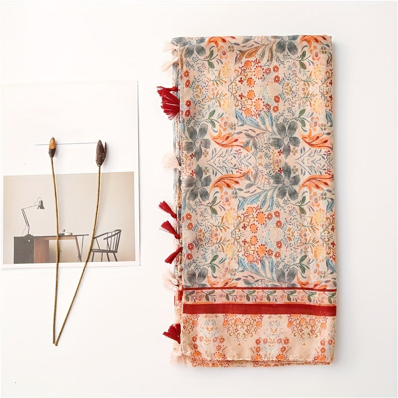 National Style Floral Fringed Scarf Lightweight Breathable Sunscreen Shawl