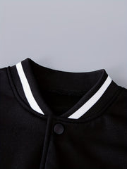 Letter Patched Kid's Baseball Jacket Button Front Long Sleeve Top