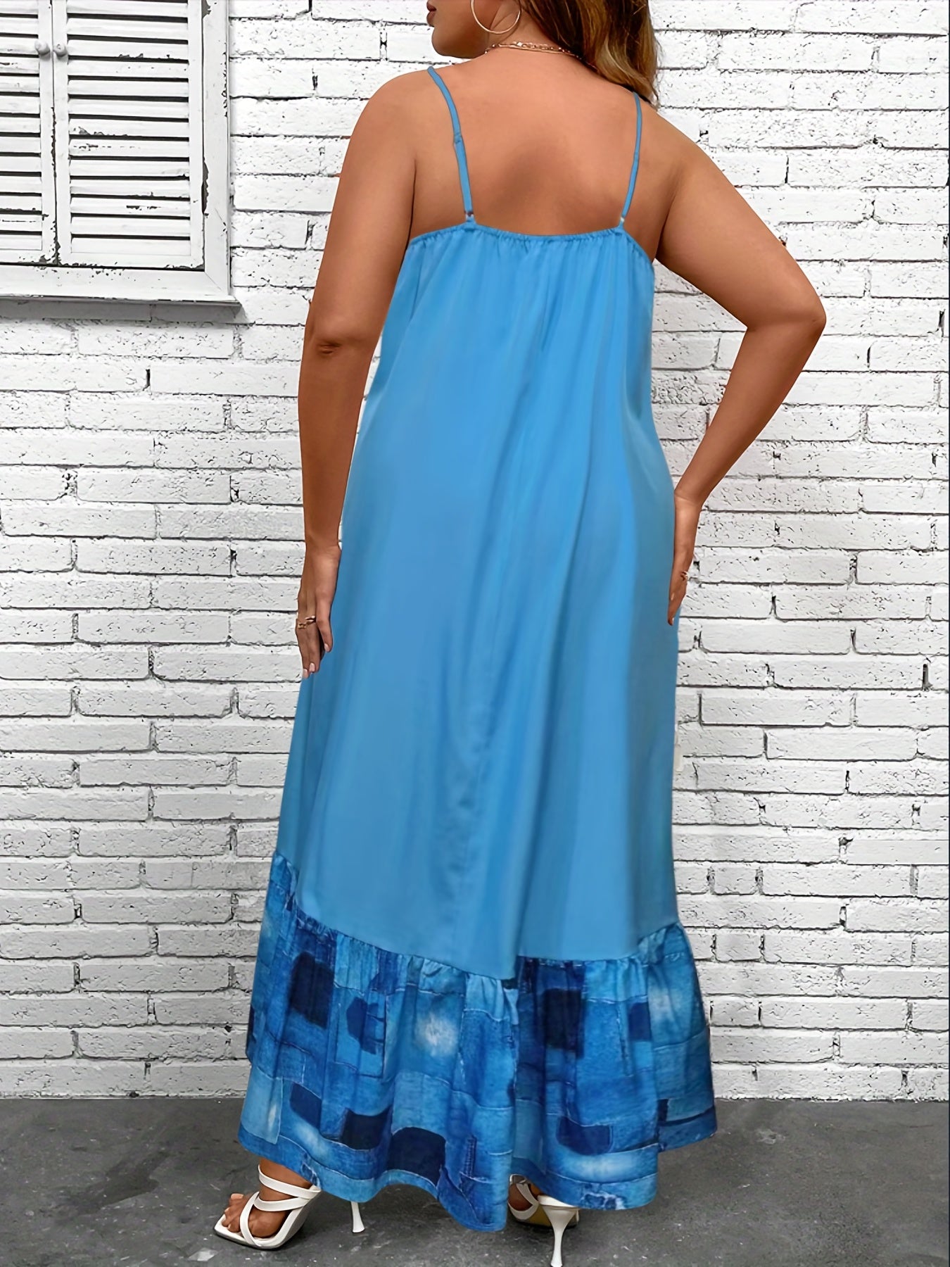Plus Size Colorblock Denim Print Maxi Cami Dress