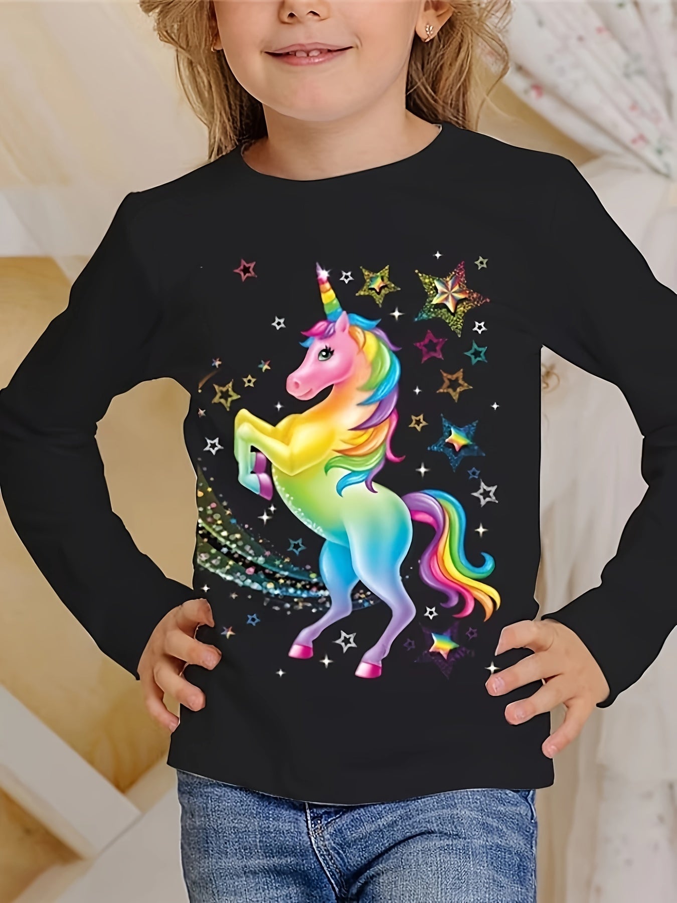 Girls Casual Unicorn Print Crew Neck Long Sleeve T shirt Spring Fall