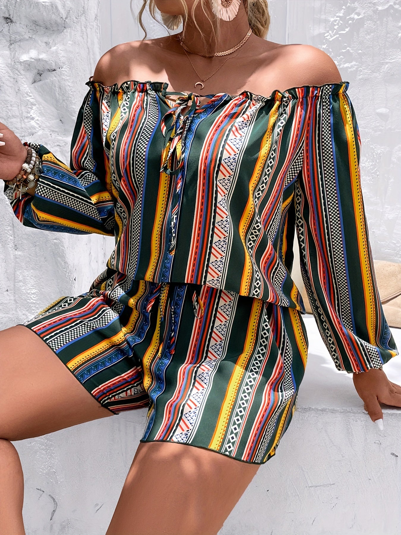  Colorful Stripe Print Ruffle Trim Top & Shorts Set