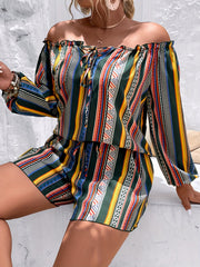  Colorful Stripe Print Ruffle Trim Top & Shorts Set