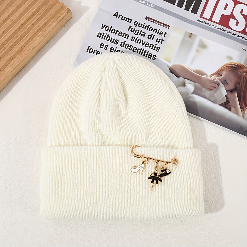 Detachable Brooch Couple Beanie Knitted Skull Hat Unisex Warm Ski Hat