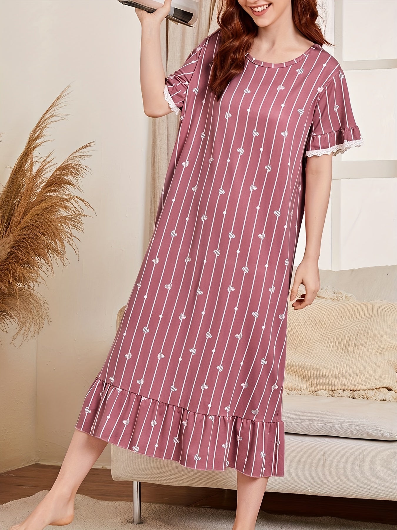 Heart Print Ruffle NightDress Striped Pajama Dress
