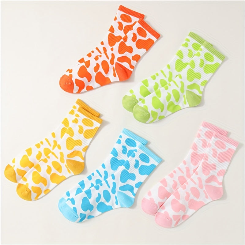 7 Pairs Cow Spot Print Socks Comfy & Breathable Mid Tube Socks
