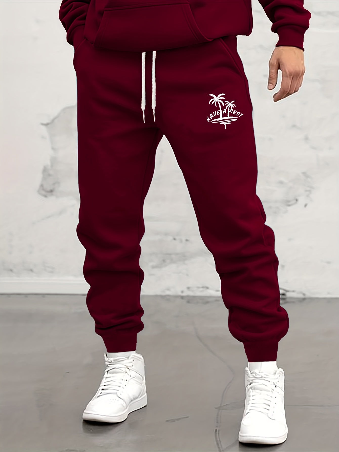 Antlers Tropical Island Print Drawstring Sweatpants Loose Fit Pants