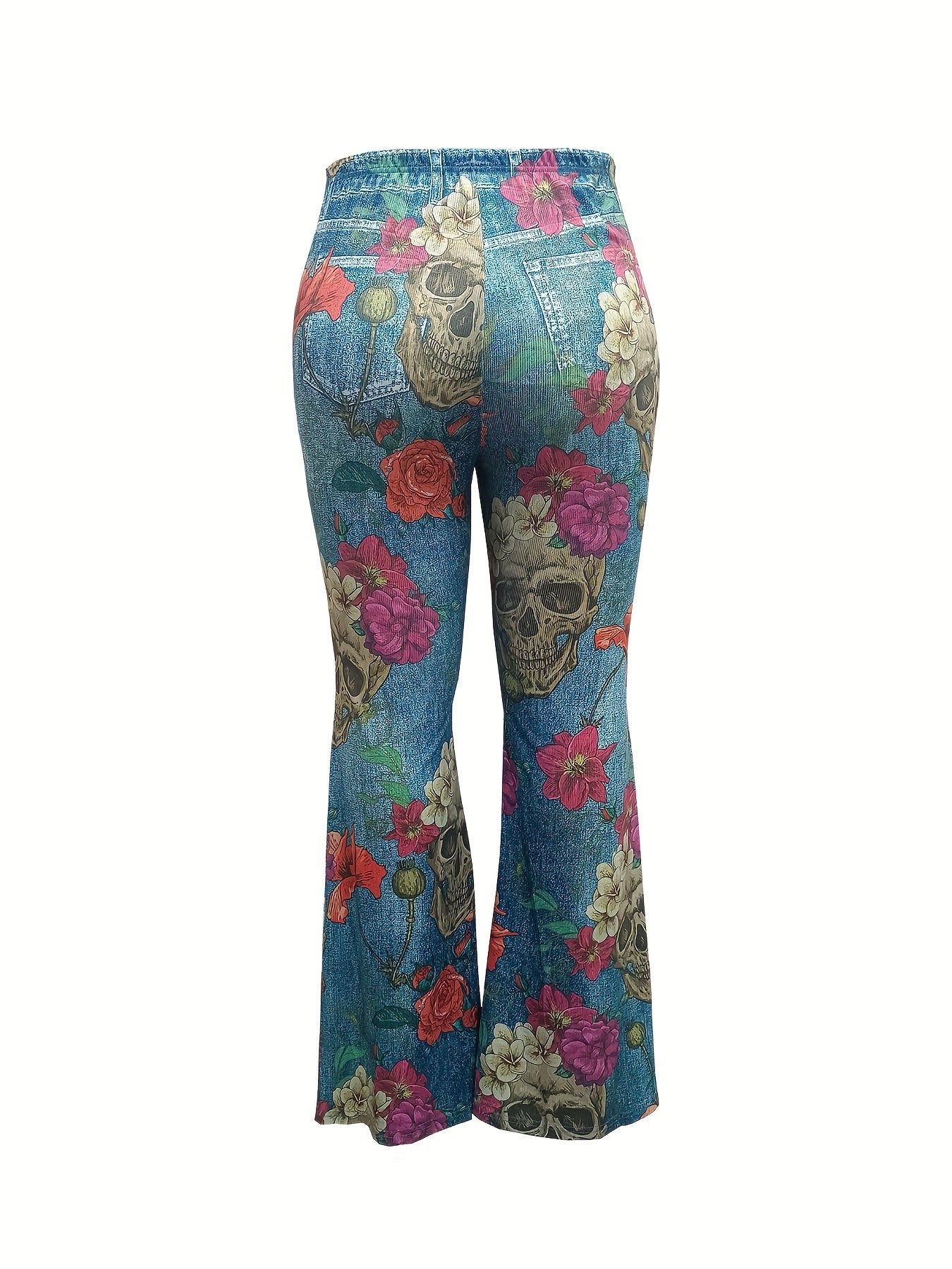  Denim & Floral Skull Print High Rise Flared Leg Pants