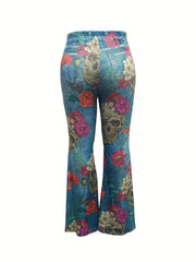  Denim & Floral Skull Print High Rise Flared Leg Pants