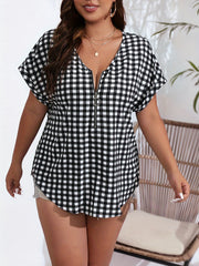  Casual Gingham Print Zipper V Neck Blouse