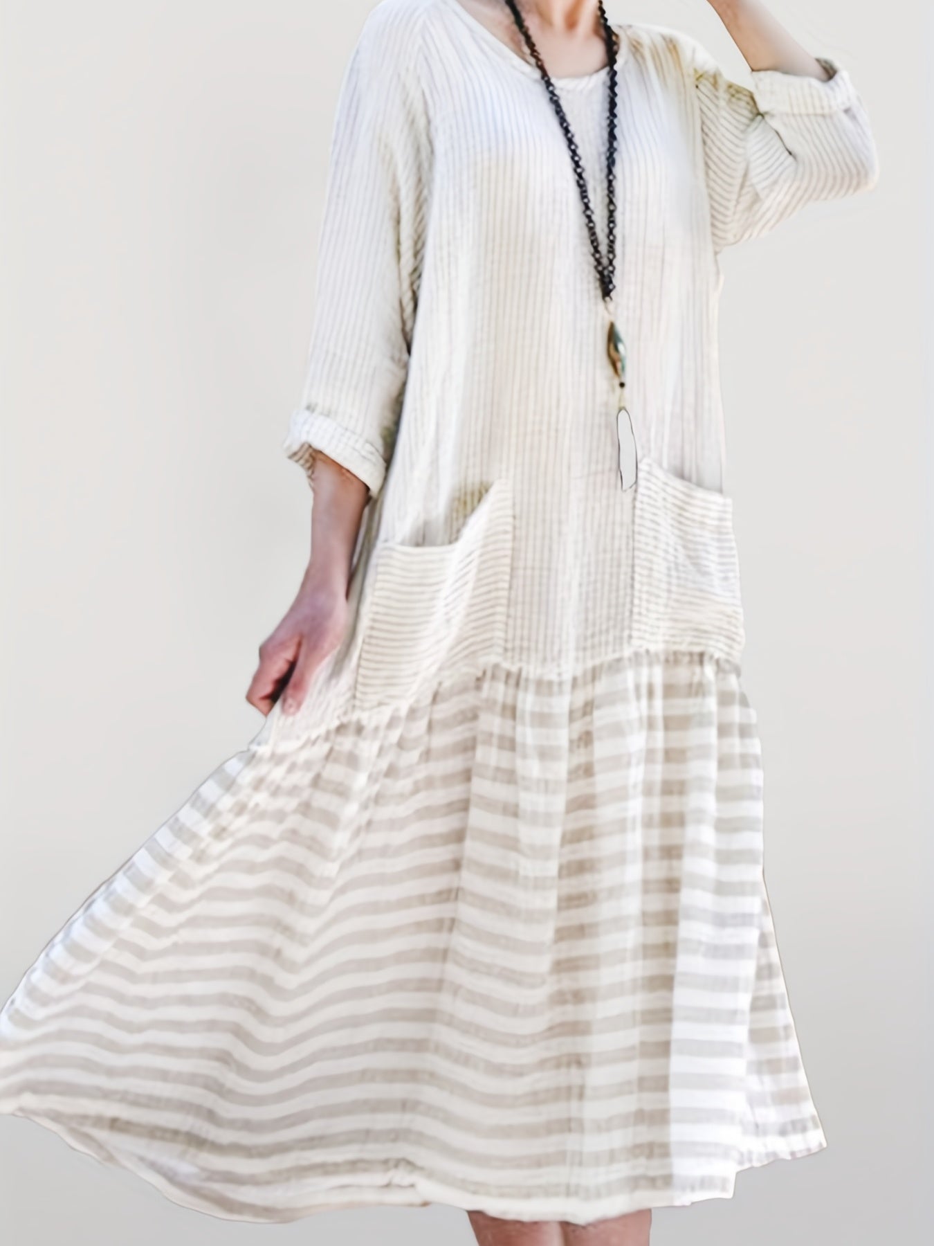  Colorblock Stripe Print Long Sleeve Dress With Pockets