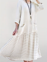  Colorblock Stripe Print Long Sleeve Dress With Pockets